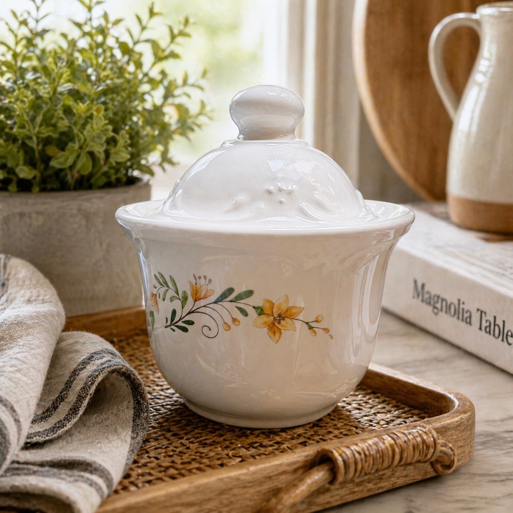 Pfaltzgraff Naturewood Sugar Bowl with Lid Vintage USA Floral Stoneware White